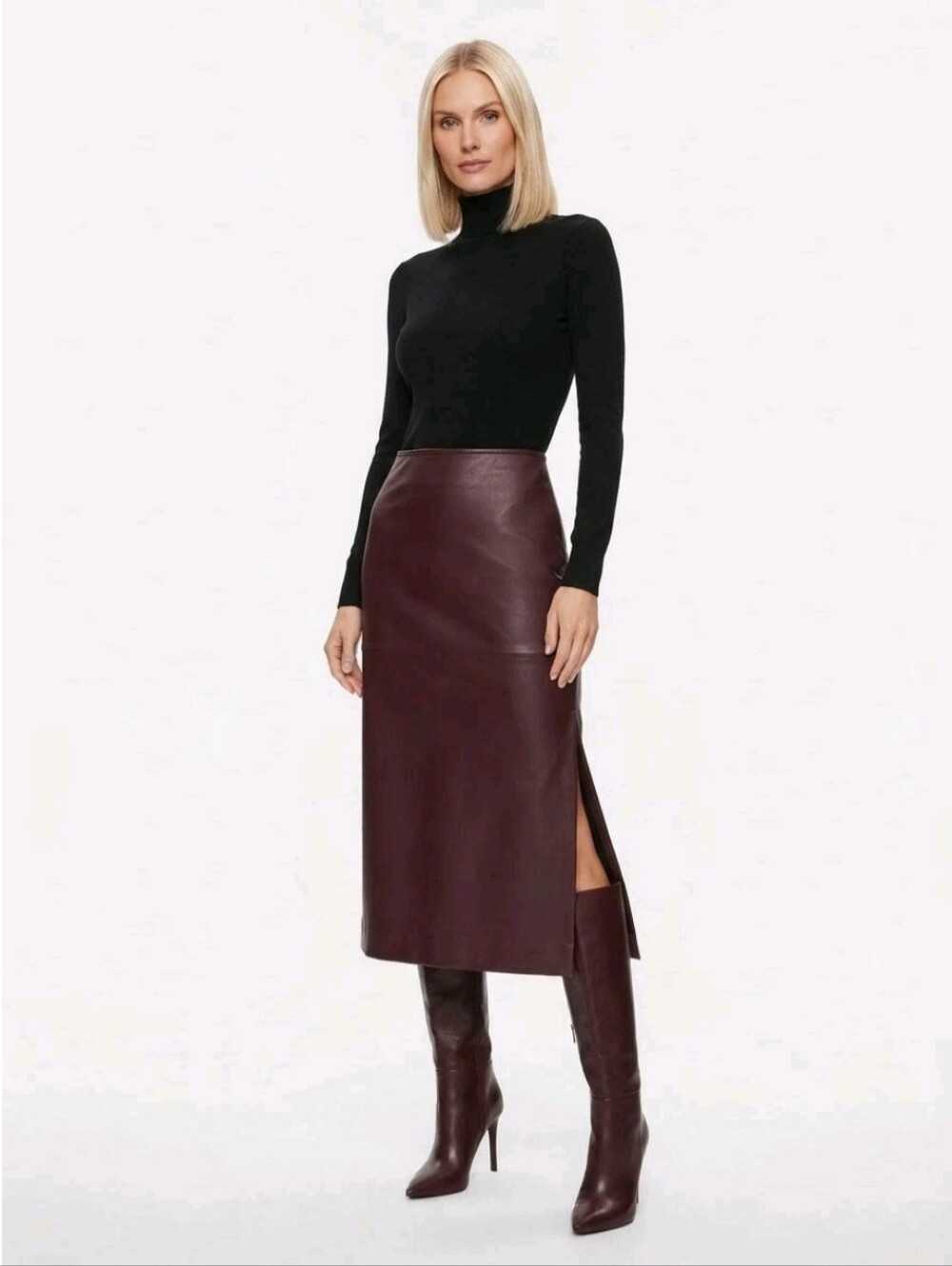 Kenneth Cole Faux Leather Pencil Skirt in Deep Burgundy - Picture 2 of 11